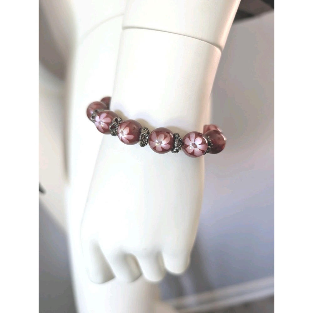 Vintage Stretch Bracelet Flower Daisy Flowers Antique Silver Burgundy Beads New